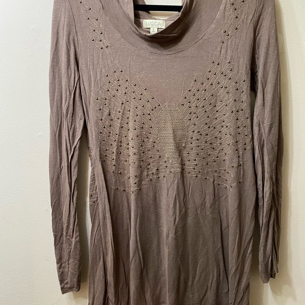LUCCA- Taupe, fitted, STUDDED cotton dress/ tunic. Size large